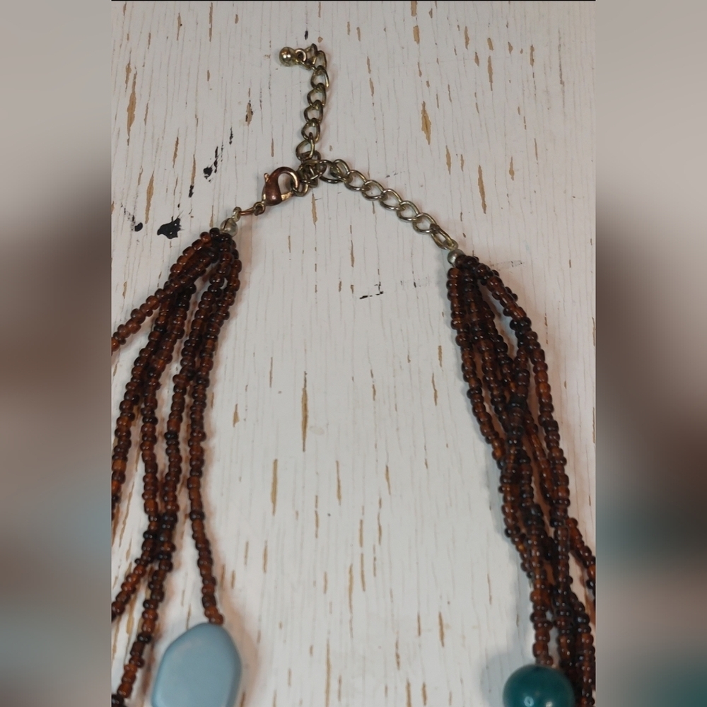 Multistrand Brown Seed Beads Turquoise Glass Beads Necklace 16.5 inches Jewelry - Picture 3 of 5
